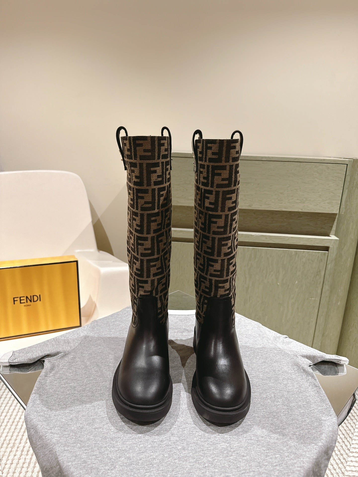Fendi Long Boots F Pattern Black and Brown Cowhide 463748