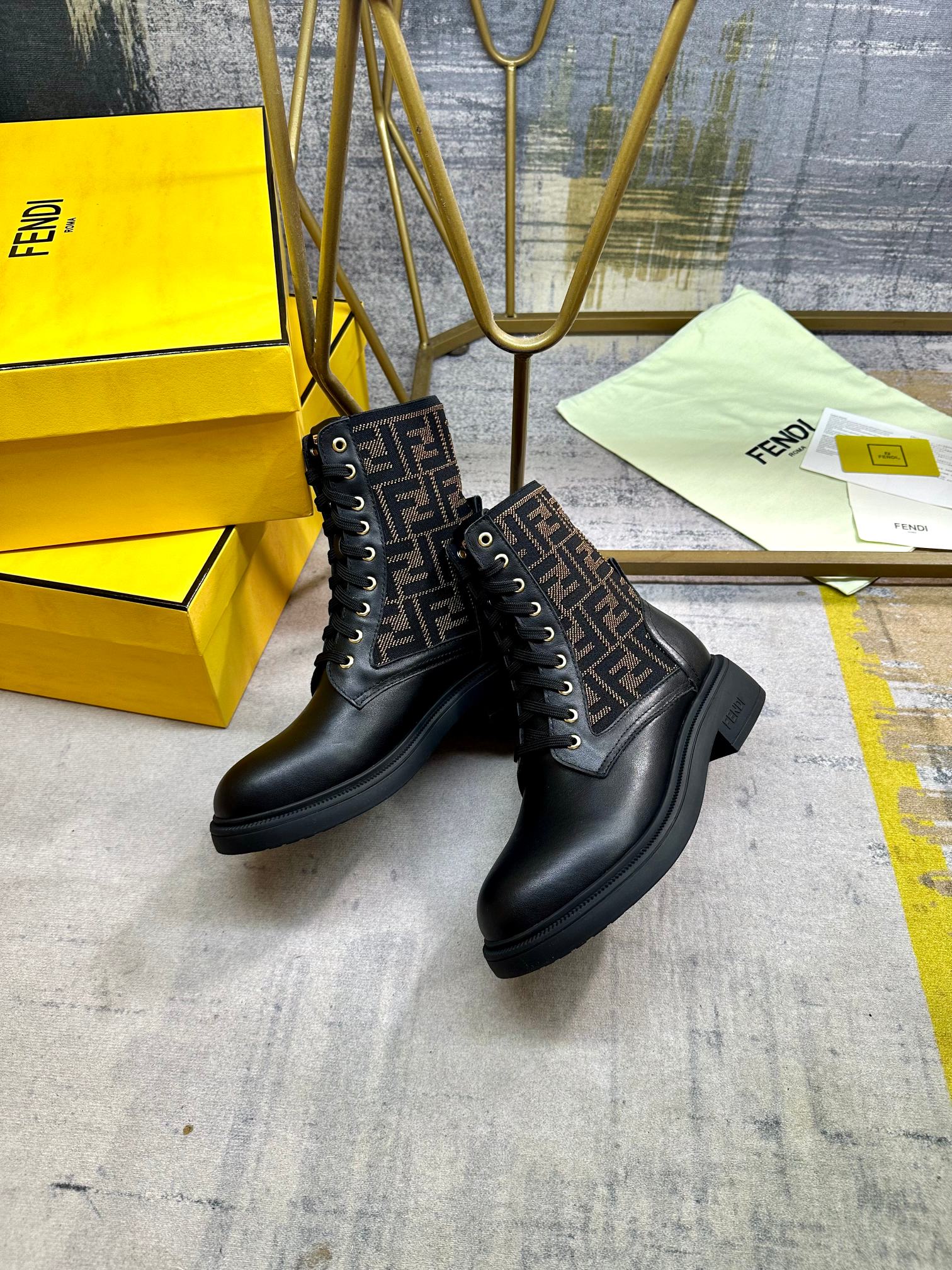 Fendi Filo Round-Toe Motorcycle Boots Black Calfskin 575418