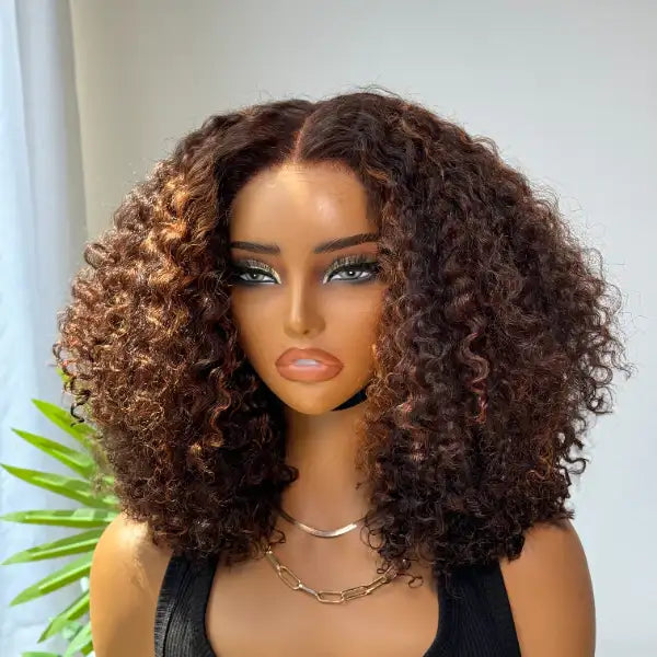 180% Density Copper Highlight Kinky Curly Glueless 5x5 Lace Closure Wig
