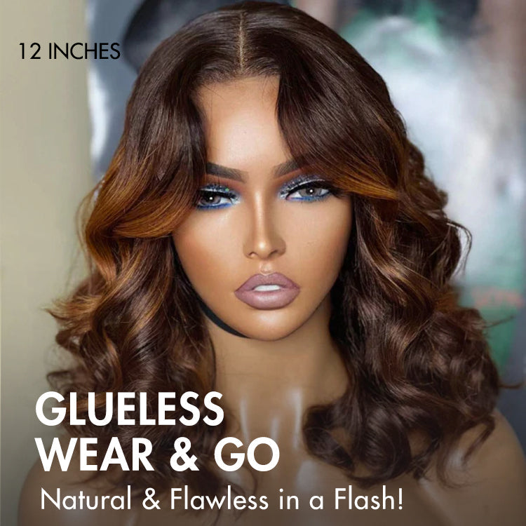 Elegant Brown Ombre Loose Wave Minimalist HD Lace Glueless Short Wig 100% Human Hair Pre-Cut Lace