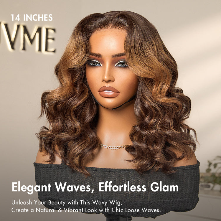 Elegant Brown Ombre Loose Wave Minimalist HD Lace Glueless Short Wig 100% Human Hair Pre-Cut Lace