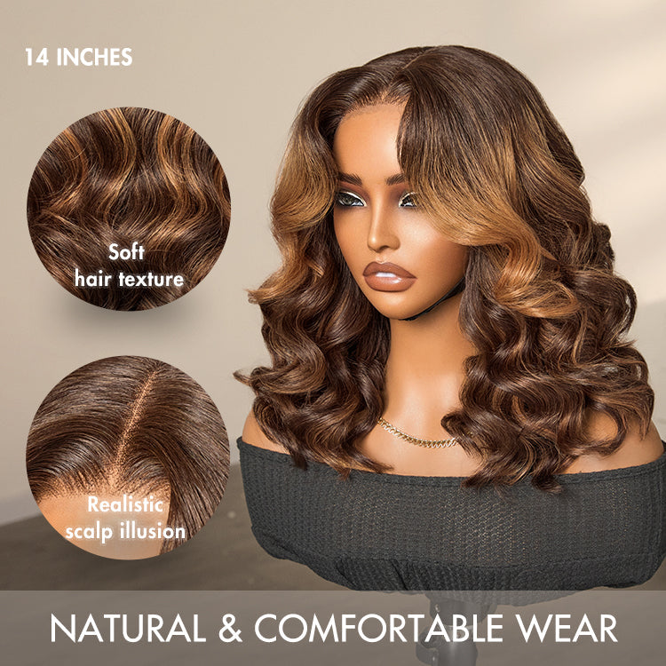 Elegant Brown Ombre Loose Wave Minimalist HD Lace Glueless Short Wig 100% Human Hair Pre-Cut Lace