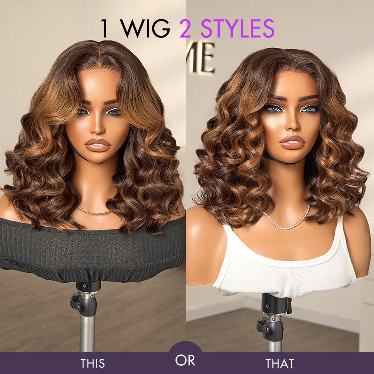 Elegant Brown Ombre Loose Wave Minimalist HD Lace Glueless Short Wig 100% Human Hair Pre-Cut Lace