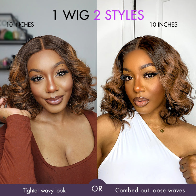 Elegant Brown Ombre Loose Wave Minimalist HD Lace Glueless Short Wig 100% Human Hair Pre-Cut Lace