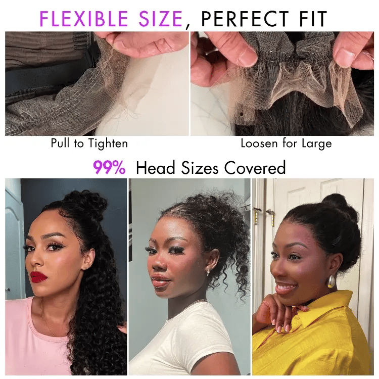 Water Wave 360 Lace Flexi-Fit Invisi Drawstring Cap Long Wig 100% Human Hair Pre-bleached & Pre-plucked & Pre-Cut Lace