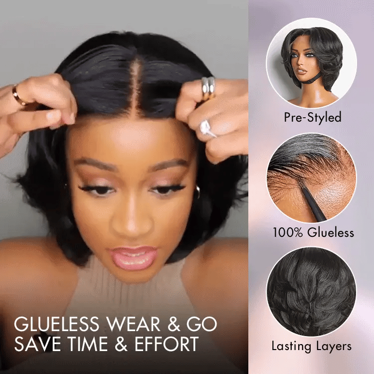 1 SEC INSTALL WIG | Elegant Boss Vibe Short Pixie Cut Natural Black / Ombre Brown Glueless Minimalist HD Lace Wig Pre Cut Lace