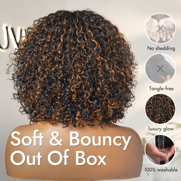 1 SEC INSTALL WIG | Brown Highlight Water Wave Natural Scalp Glueless Minimalist Lace Short Curly Wig with Bangs