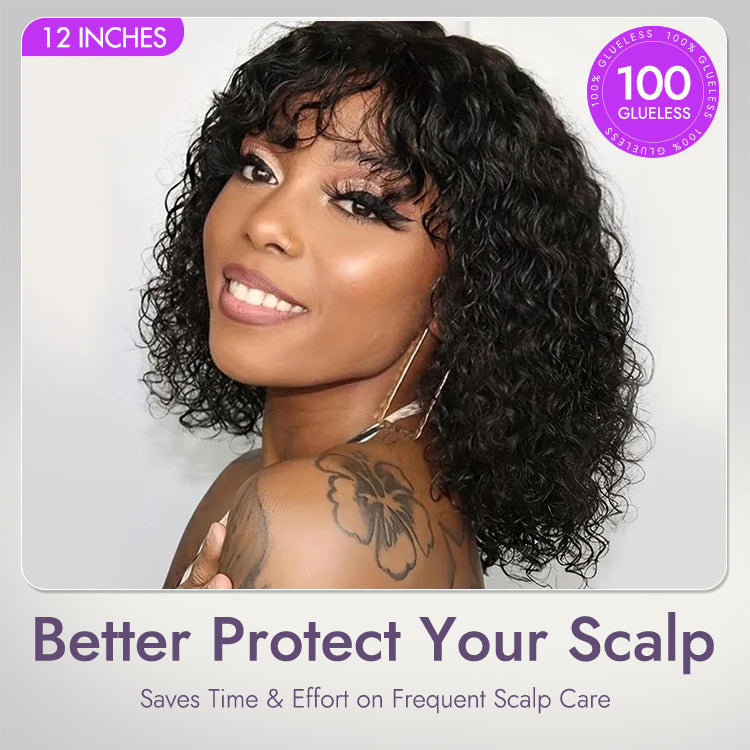 1 SEC INSTALL WIG | Brown Highlight Water Wave Natural Scalp Glueless Minimalist Lace Short Curly Wig with Bangs