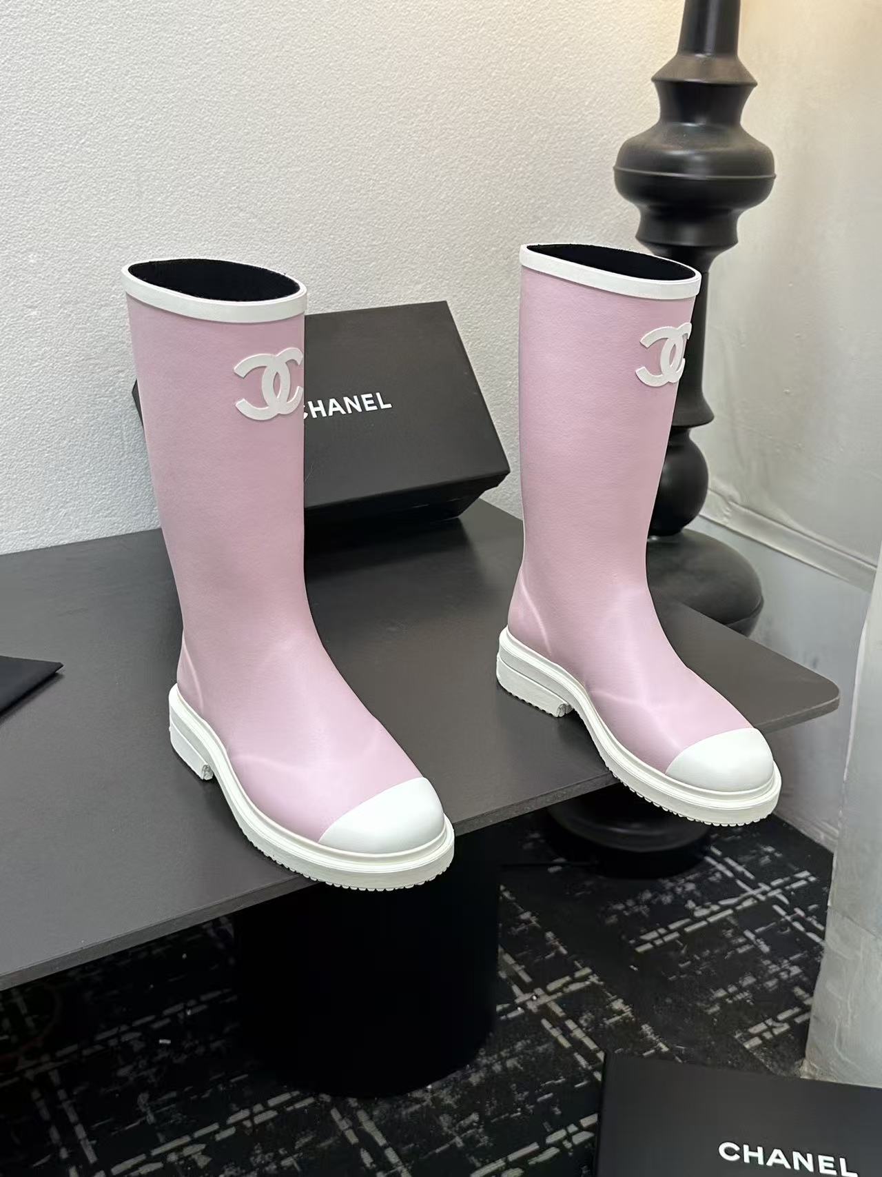 CC High Pink White Rain Boots