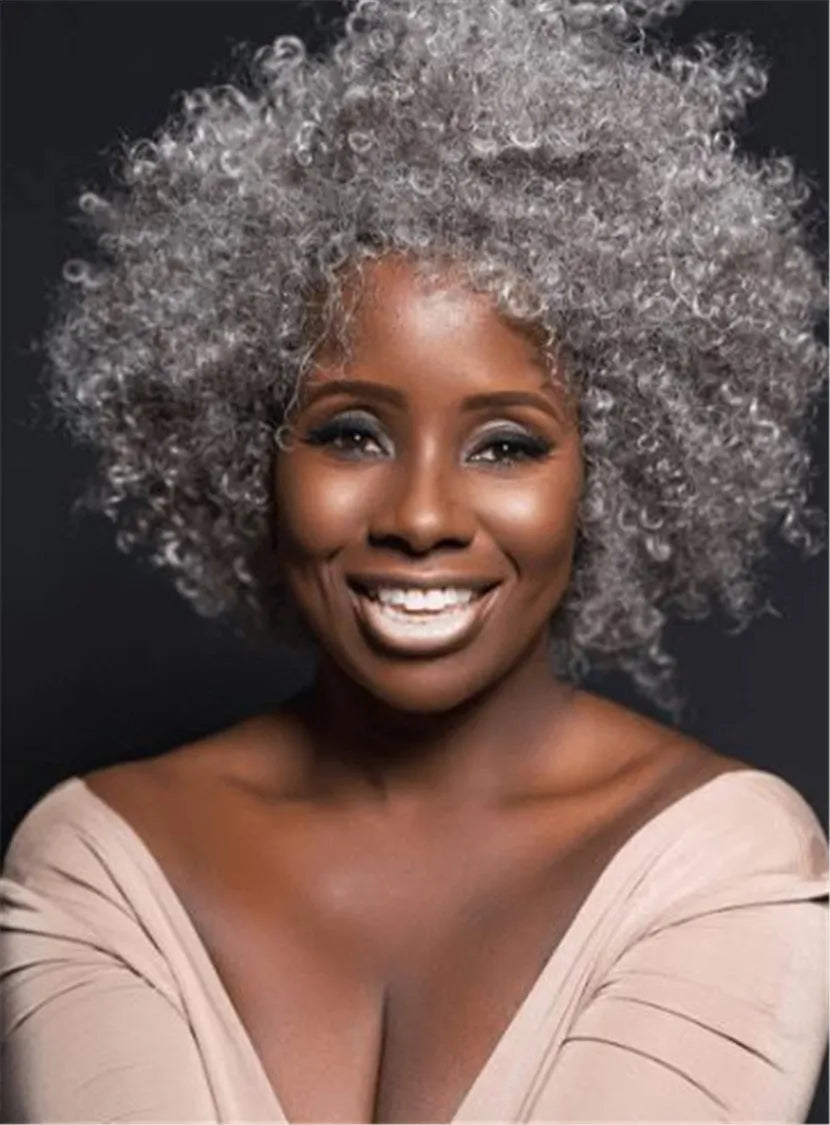 Kinky Curly Salt and Pepper Hair Synthetic Capless Wigs 12 Inches