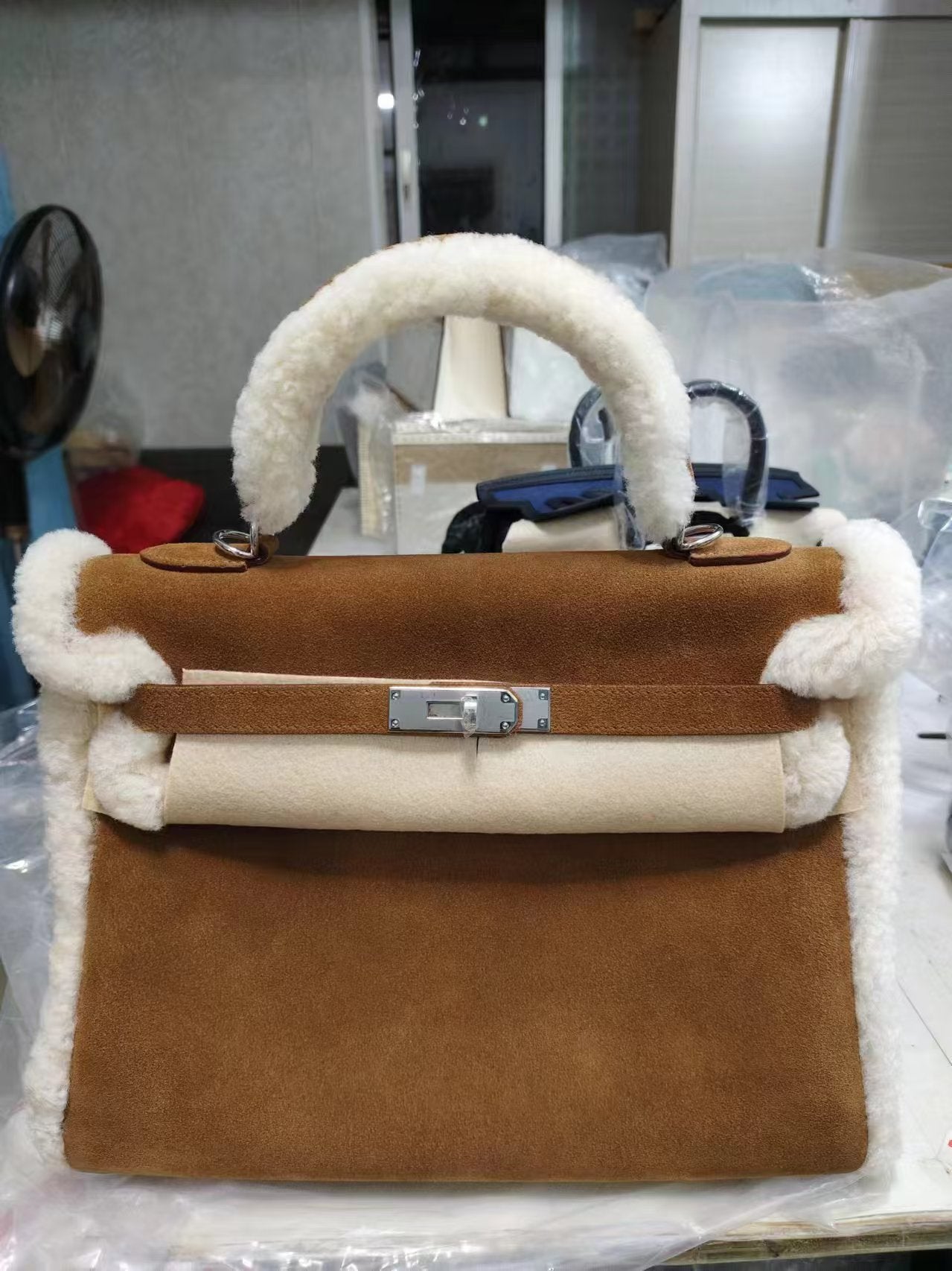 HM Kelly Teddy Plush Shearling Brown Suede Palladium Hardware