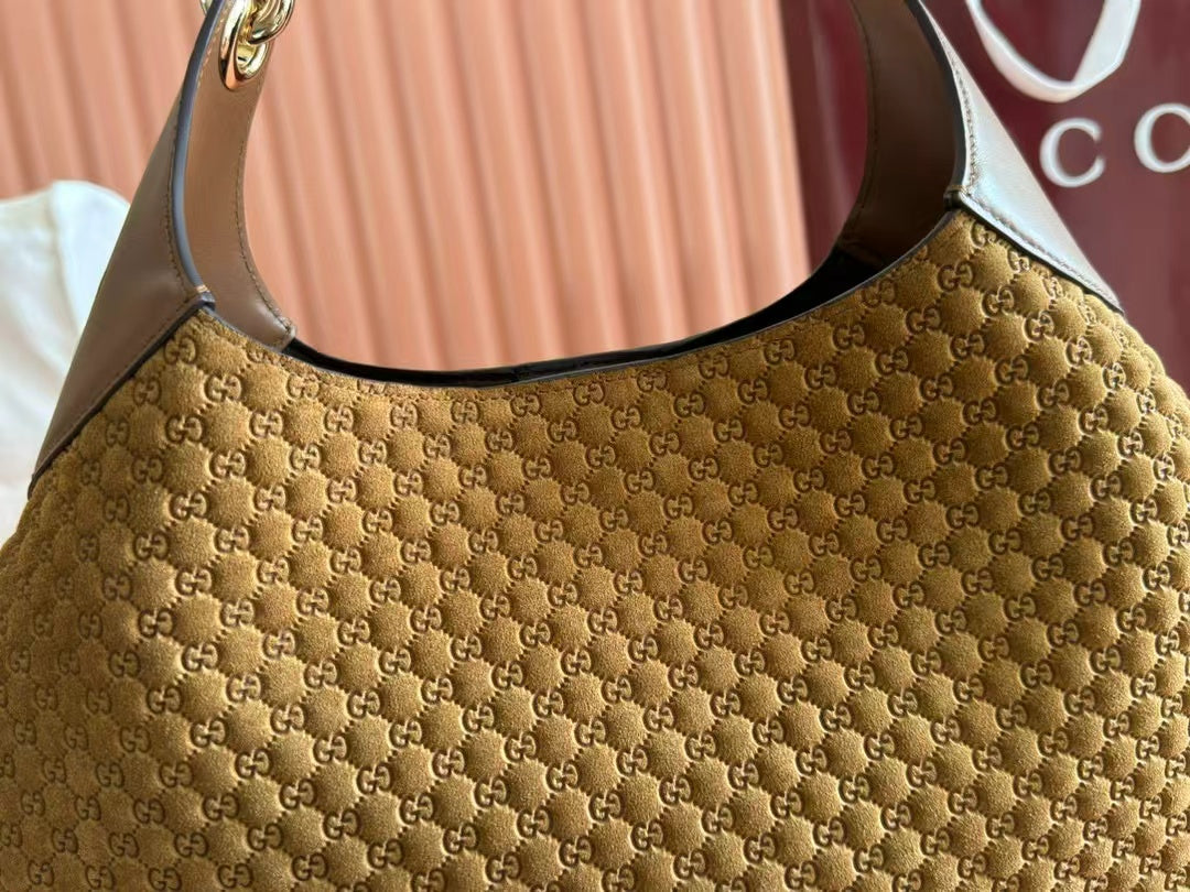 Gucci B Medium Shoulder Bag Brown Suede Leather