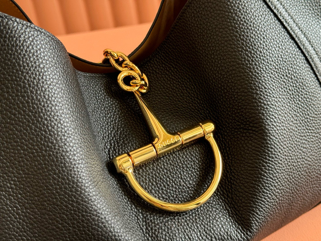 GG Softbit Shoulder Bag 46cm Black Grained Calfskin Gold Hardware