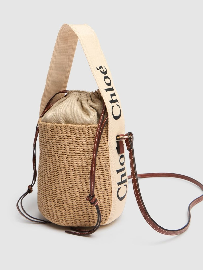 Chloe Small Woody Bucket Top Handle Bag 16cm Brown Linen And Calfskin