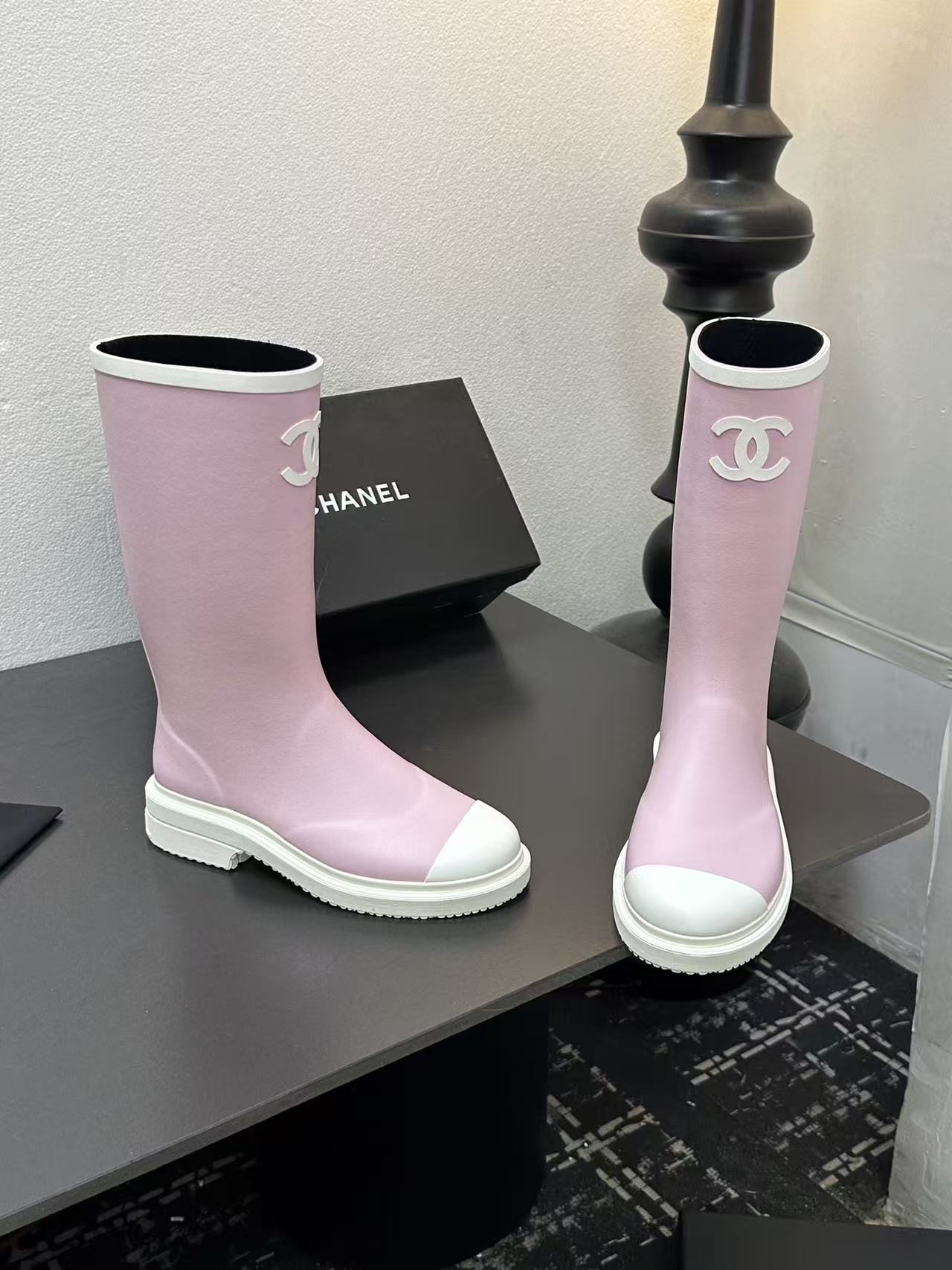 CC High Pink White Rain Boots