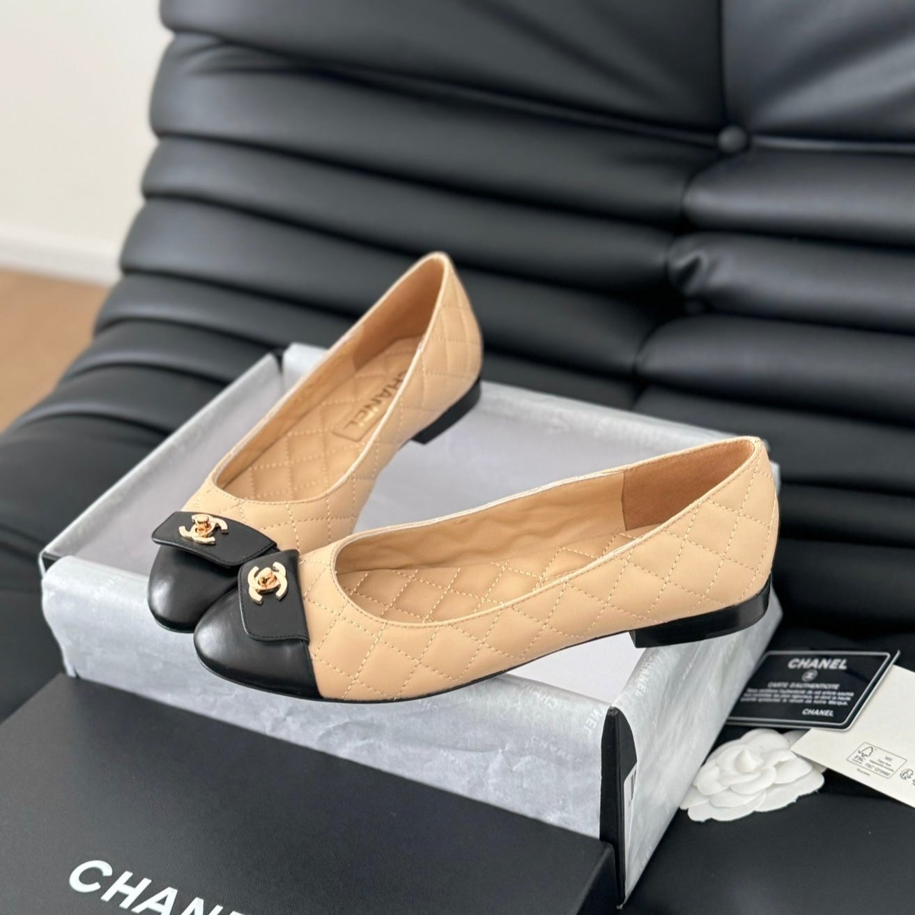 cc classic ballet flat beige quilted calfskin